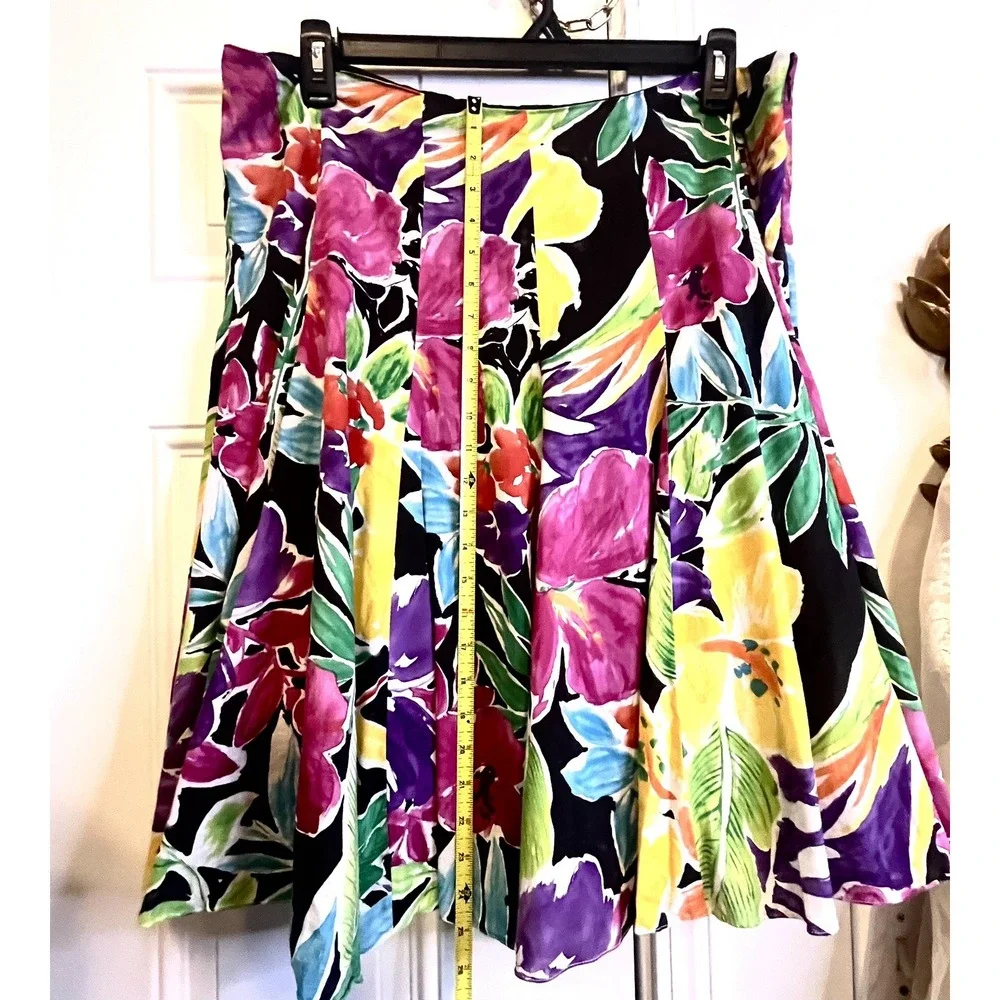 Vintage Ralph Lauren Floral A-Line Midi Skirt Sz 16 Black Multi Tropical Cotton